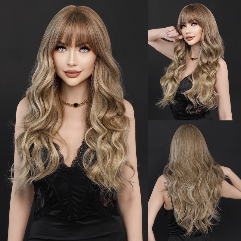 Layered Bangs Hazelnut Mocha Long Curly Wig