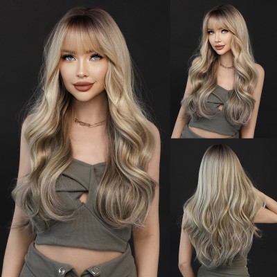 Synthetic Wig Large Wavy Wig Highlights Blonde With Bangs Long Curly Hair Ready to Go