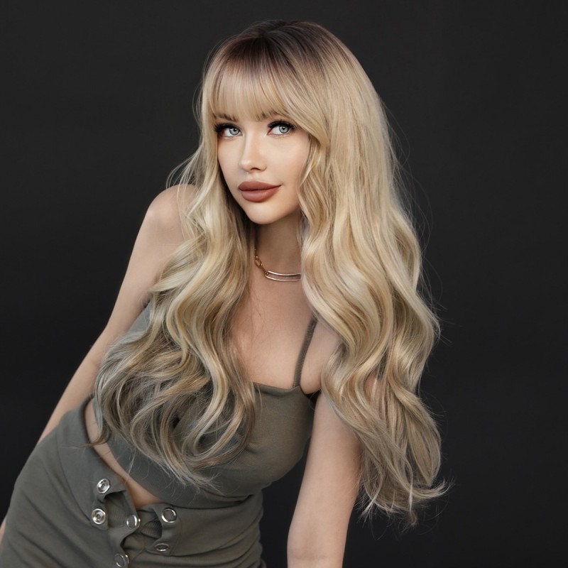 Synthetic Wig Large Wavy Wig Highlights Blonde With Bangs Long Curly Hair Ready to Go