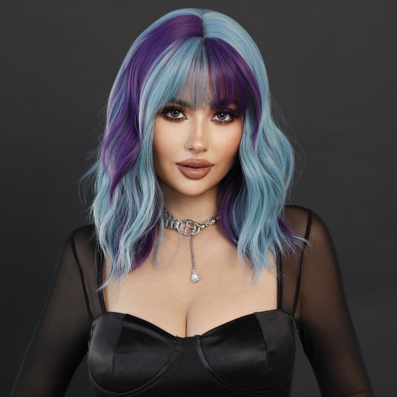 Synthetic Wig Purple Blue Wig Medium-Length Curly Hair Ready to Go