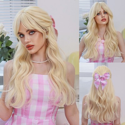 Synthetic Wig Yinraohair Barbie Blonde Wig Long Curly Hair With Bangs Stylish Full Head Set Ready To Go
