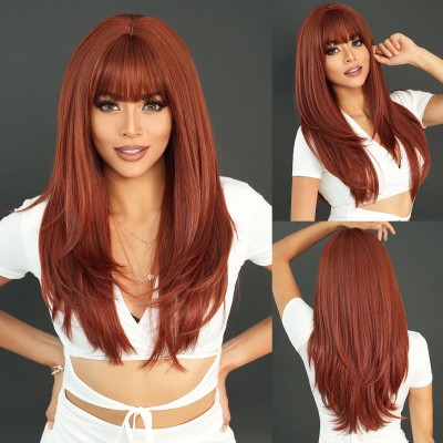 Bright Orange Long Straight Wig with Bangs and Root Dye Effect