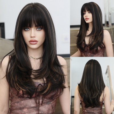 Black-Brown Long Straight Wig with Gold Highlights Synthetic Wig