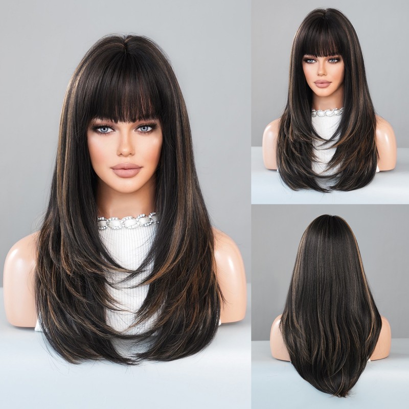 Black-Brown Long Straight Wig with Gold Highlights Synthetic Wig