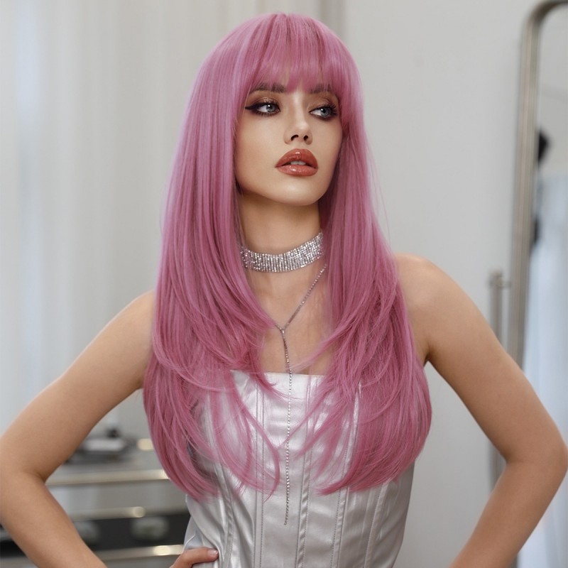 Synthetic Wig Long Curly Hair Pink Wig Ready to Go
