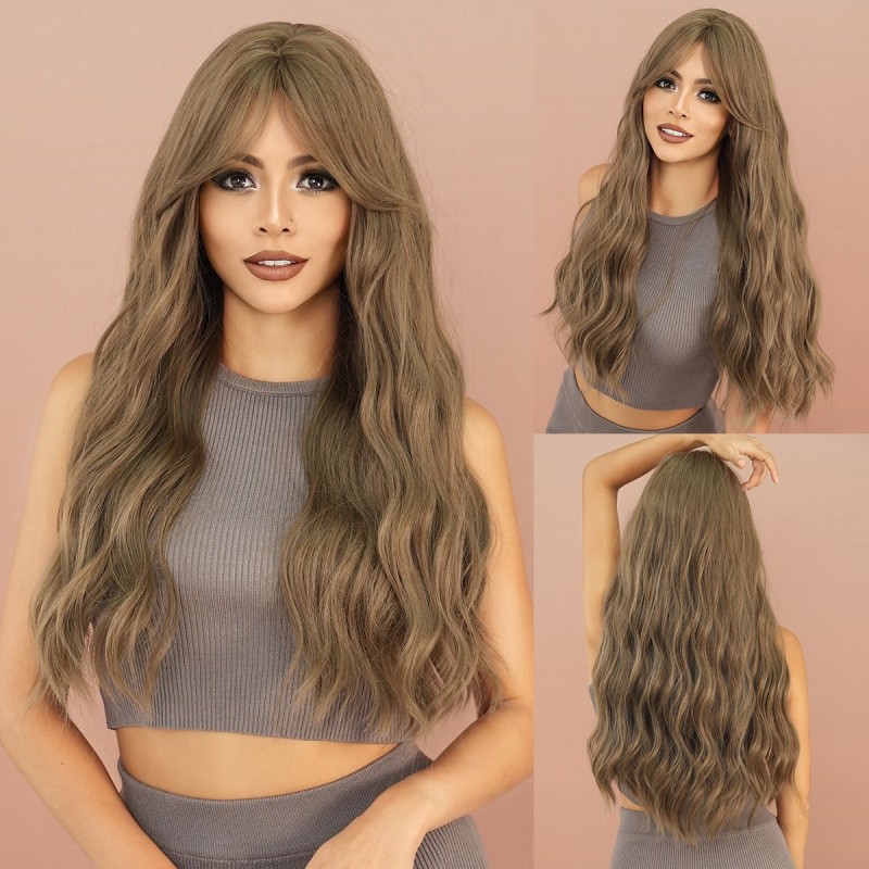 Synthetic Hair Wig Long Wavy Hair with Misty Tea and Light Brown Bangs 9138