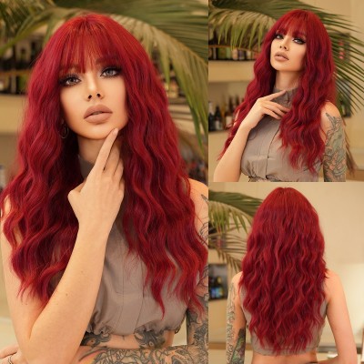 Enchanting Red Wavy Wool Curls Wig with Bangs Synthetic Wig