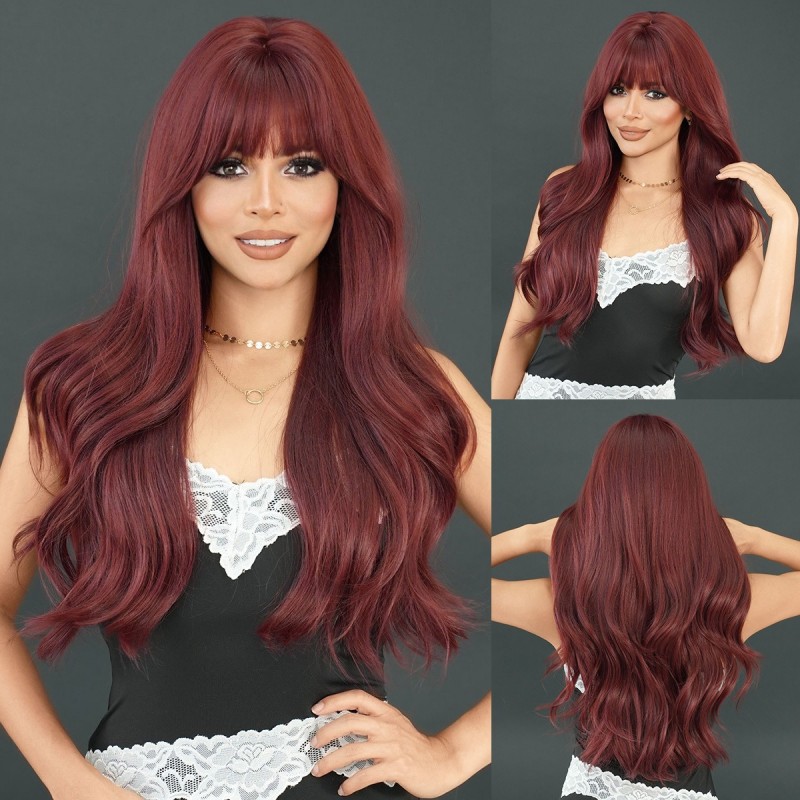 Synthetic Hair Wig Red Long Curly Full Head Wig with Bangs and Waves 9149