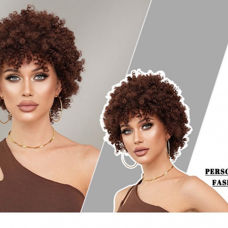 African American Women's Short Springy Curl Synthetic Wig with Brown Tresses and Pixie Cut Bangs