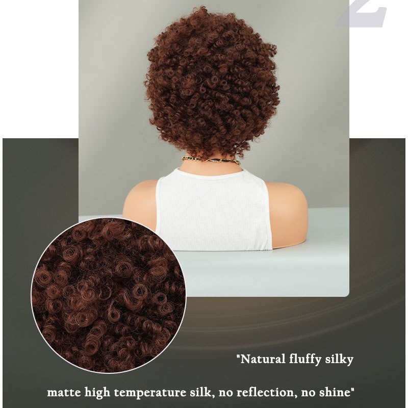 African American Women's Short Springy Curl Synthetic Wig with Brown Tresses and Pixie Cut Bangs