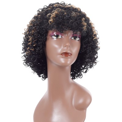 Synthetic Wig Black Highlight Blonde Short Curly Hair Afro Small Curly Wig Headgear for Women