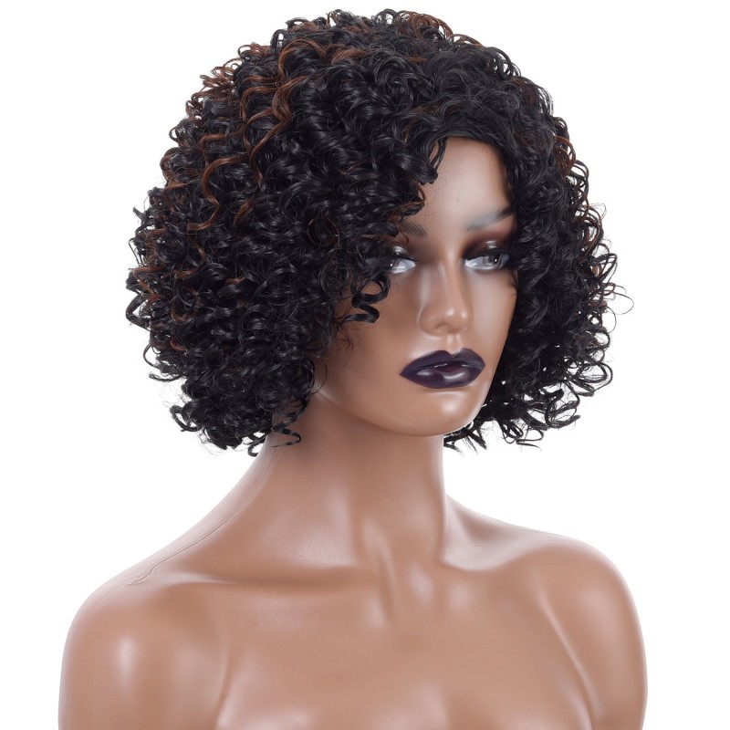 Synthetic Wig Black Highlight Brown Short Curly Hair Afro Small Curly Wig Headgear for Women