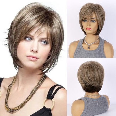 Synthetic Wig Mixed Color Short Straight Hair with Bangs