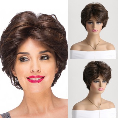 Modern Mid-Part Charm Brown Short Curls, Compact Wavy Wig, Chic Headgear – Portable Elegance, Instantly Transforms into Urban Chic Beauty 25cm