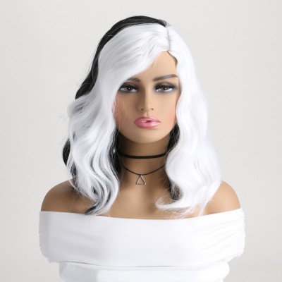 Black & White Enigma Synthetic Wig, Medium-Length Curly Locks – Classic Contrast, Exude Modern Chic Vibe