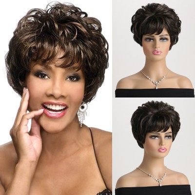 Synthetic Wig Women's Fashion Fluffy Diagonal Bangs Black Brown Highlight Short Curly Headgear