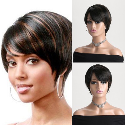Synthetic Wig Black Highlight Realistic Natural Diagonal Bangs With Short Straight Hair