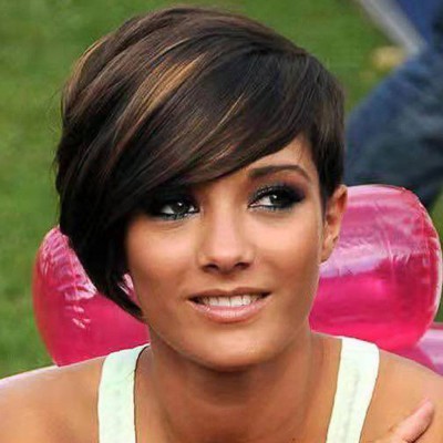 Synthetic Wig Brown Short Straight Hair Highlights With Diagonal Bangs Wigs for Women
