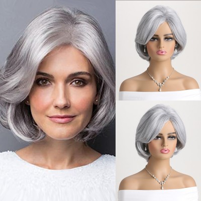 Synthetic Wig Silver Side Parting Curly Short Hair Wigs for Women