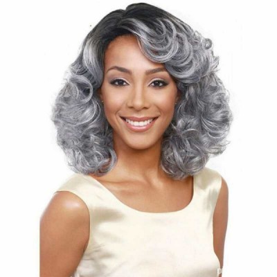 Black Silver Enchantress Women's Medium-Length Curly Wig – Elegant Black & Silver Twist, Romantic Curls, Instant Fashionista Transformation, Showcase Unique Charm 40cm
