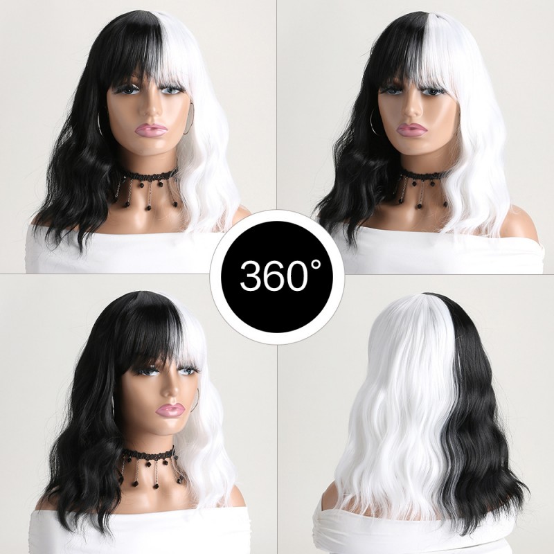 Synthetic Wig Black White Medium-Length Curly Wigs with Bangs for Women