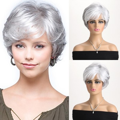 Synthetic Wig Silver Short Straight Hair Wig Headgear for Women