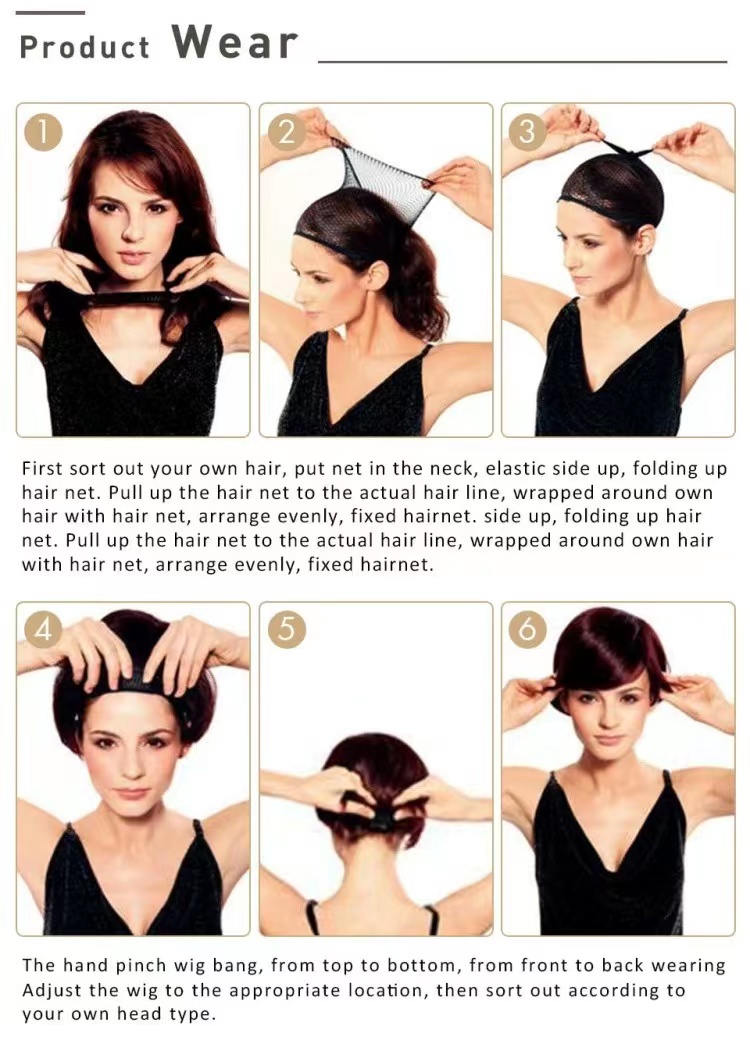 Tutorial image demonstrating the correct way to put on a wig