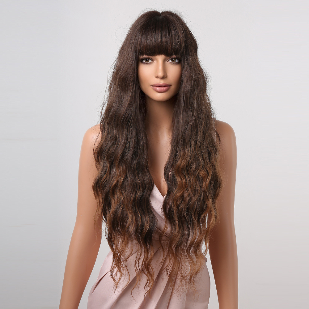 Synthetic wig by Yinraohair in brown, featuring long curly hair, ready to go