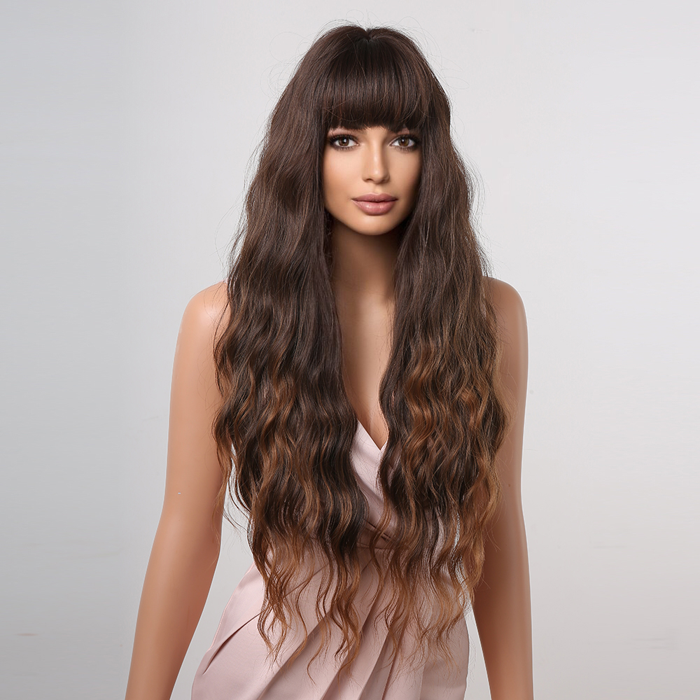 Stylish synthetic wig by Yinraohair in brown, with long curly hair, ready to go
