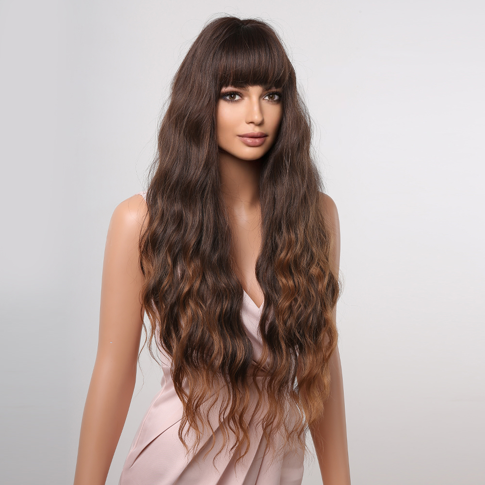 Ready-to-go synthetic wig by Yinraohair in brown, featuring long curly hair, ready to go