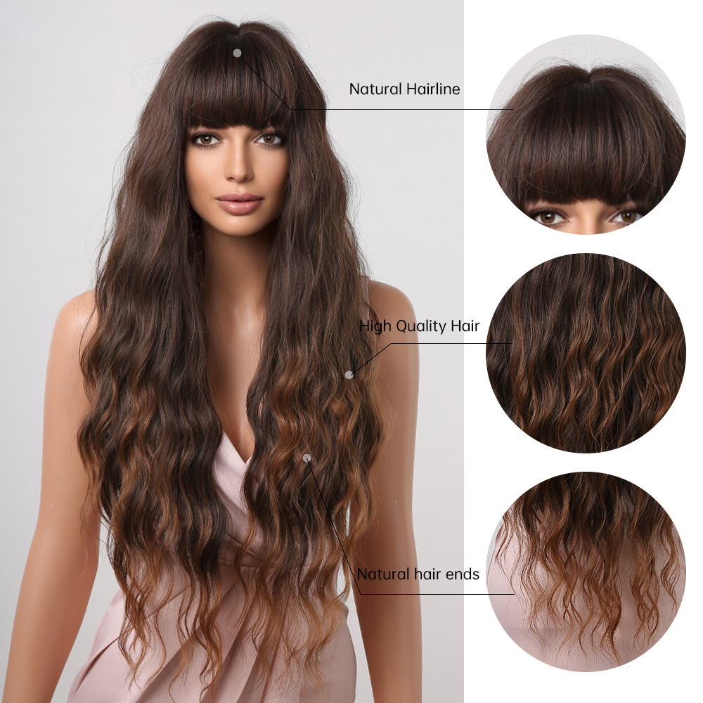 Trendy synthetic wig by Yinraohair in brown, featuring long curly hair, ready to go