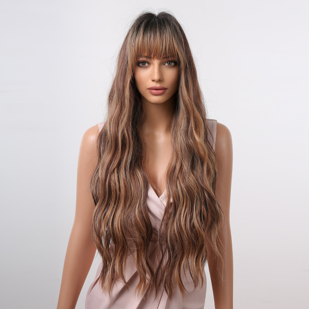 A ready-to-go synthetic wig featuring highlight brown long curly hair, perfect for a quick and stylish look