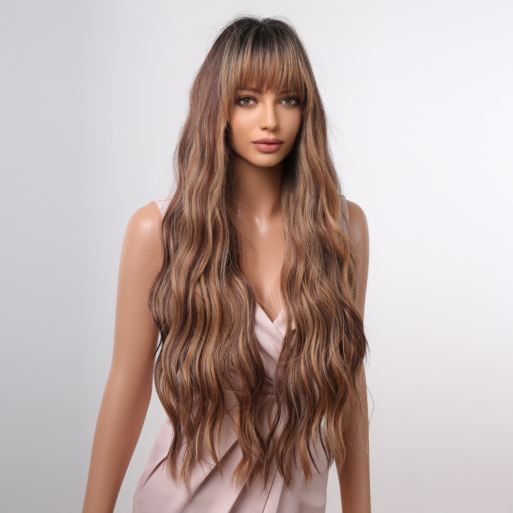 A stylish highlight brown wig with long curly hair, made from synthetic material and ready to wear for any occasion