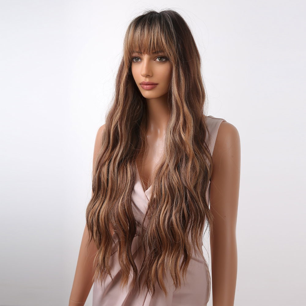 A stylish synthetic wig featuring highlight brown long curly hair, designed for a ready-to-go and fashionable look