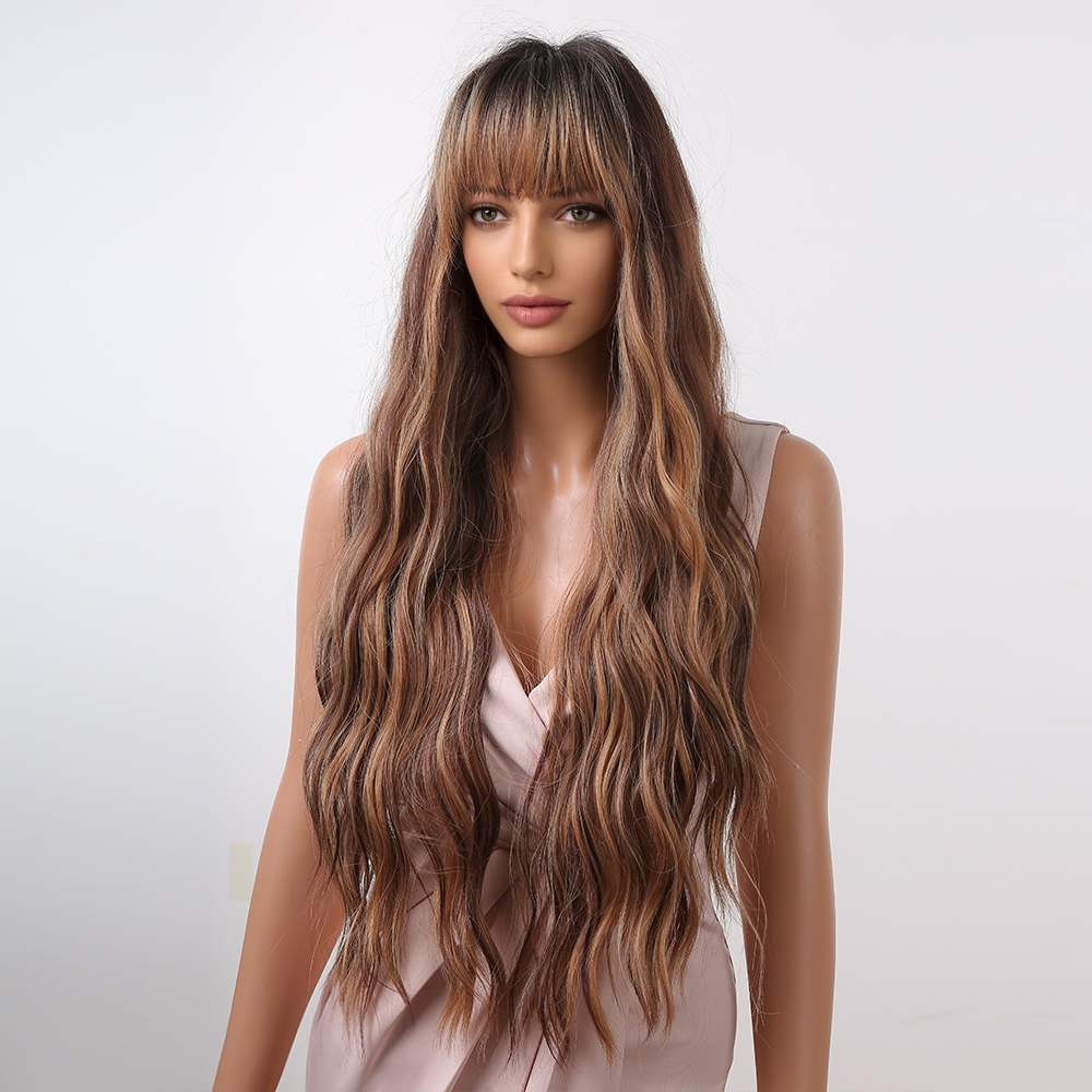 A highlight brown synthetic wig with long curly hair, designed for easy wear and a trendy appearance