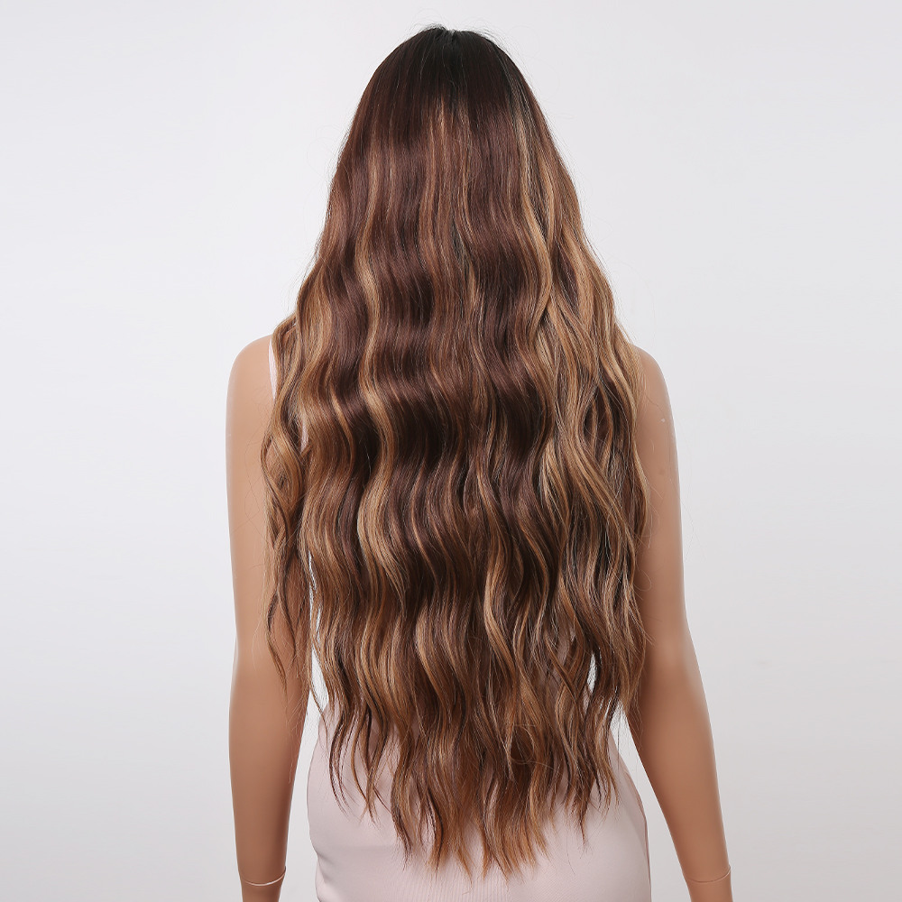 A fashionable highlight brown wig featuring long curly synthetic hair, perfect for a ready-to-style and trendy look