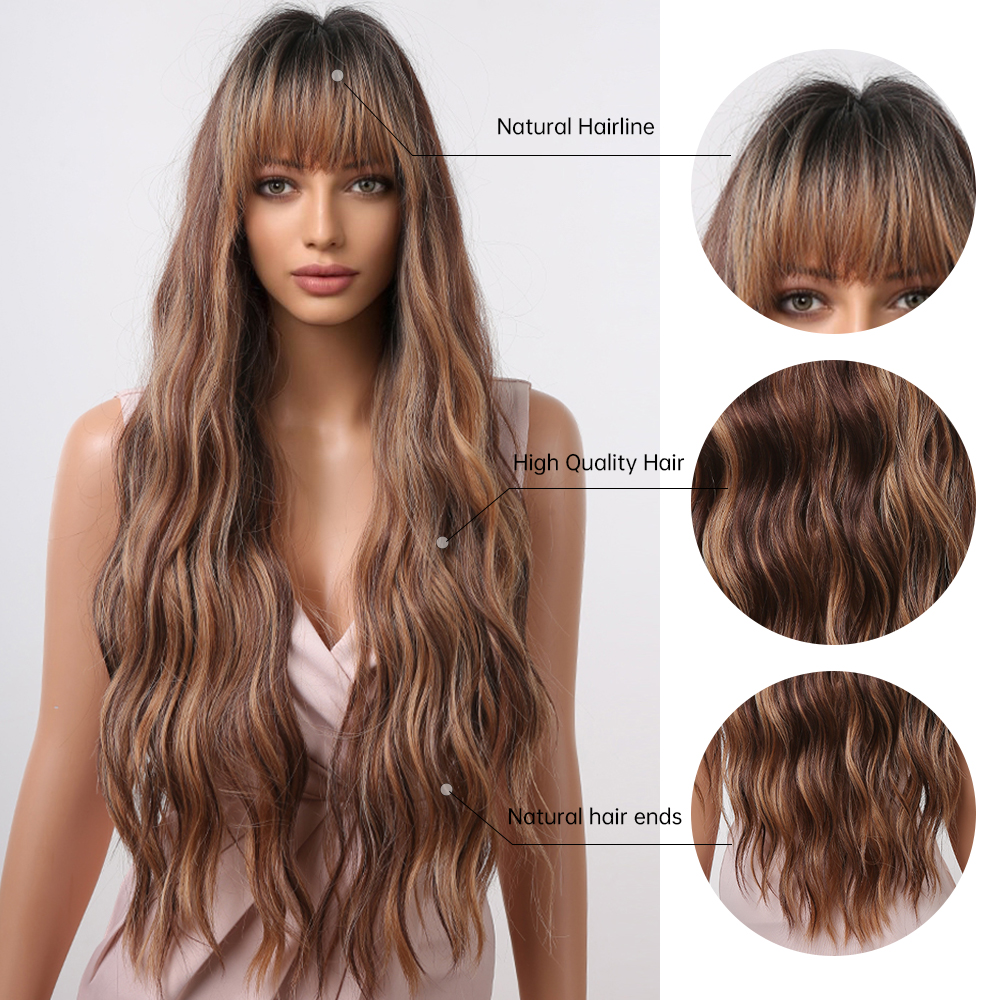 A synthetic wig with highlight brown long curly hair, offering a stylish and ready-to-go design for a fashionable look