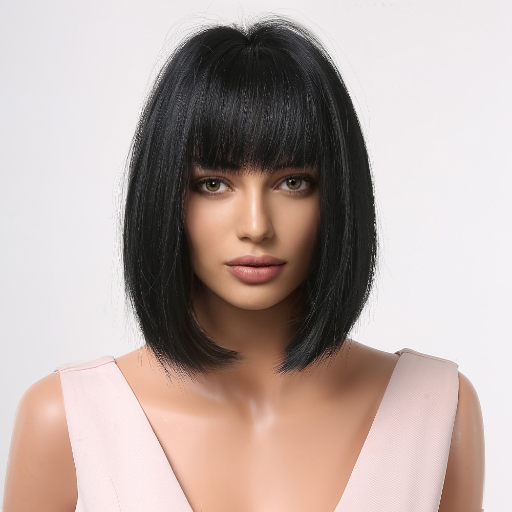 Synthetic wig with a black bob cut, featuring short straight hair, ready to go