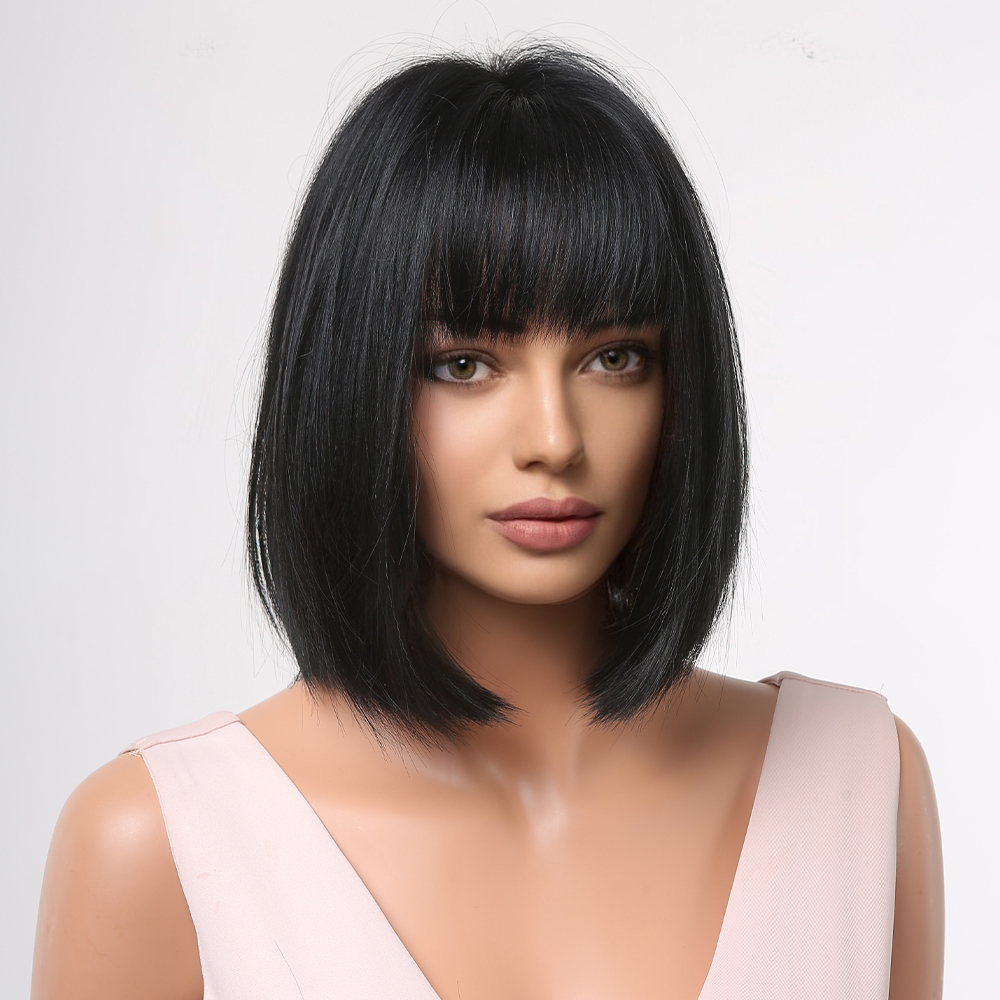 Yinraohair synthetic wig with a trendy black bob cut and short straight hair, ready to go