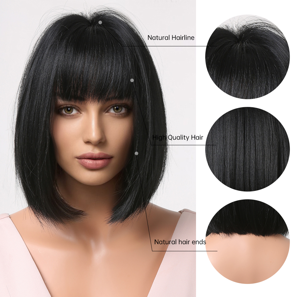Synthetic wig by Yinraohair, styled in a short straight black bob hairstyle, ready to go