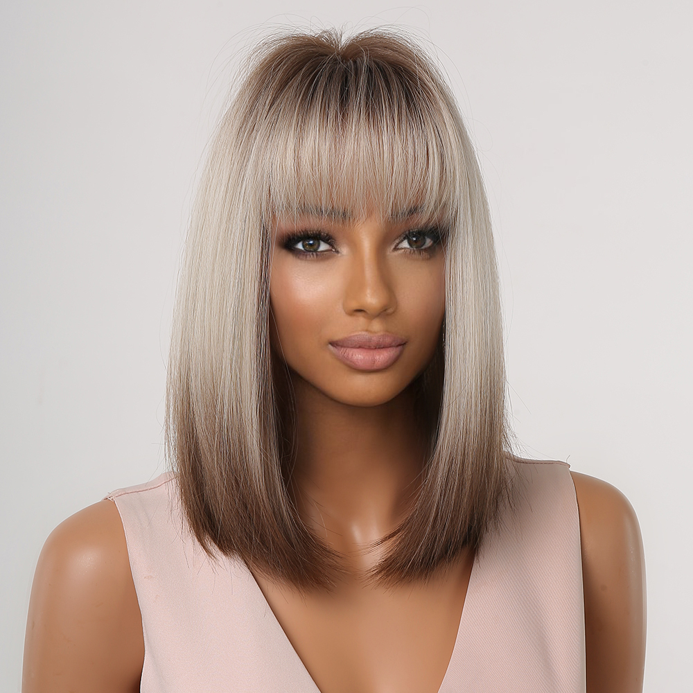 Image of a synthetic wig in silver brown with short straight hair, perfect for quick styling and ready to go