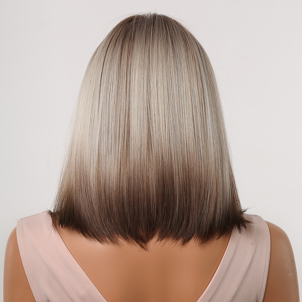 A fashionable synthetic wig in silver brown with short straight hair, styled and ready for use