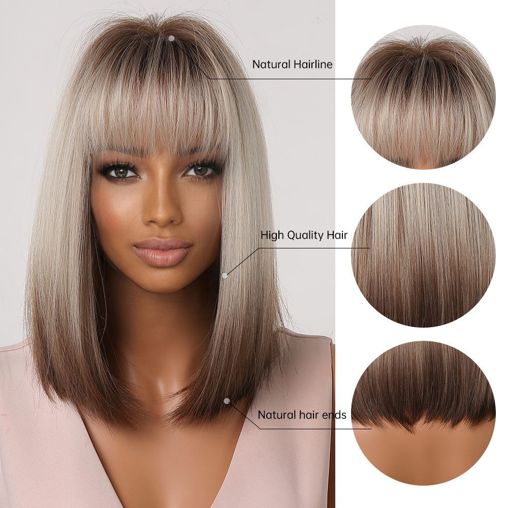 Image of a silver brown synthetic wig with short straight hair, fashionable and ready to go.