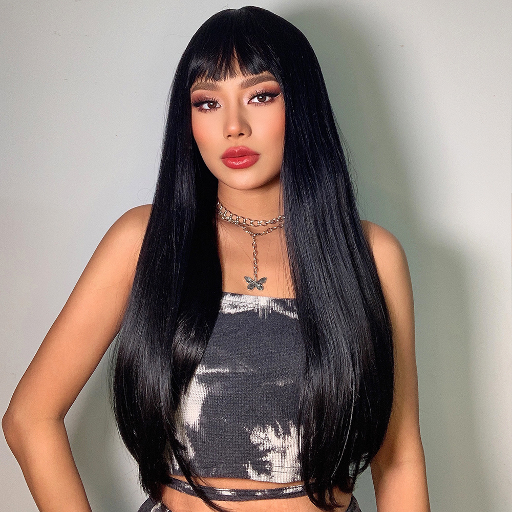 Synthetic wig by Yinraohair in black color, featuring long straight hair with bangs, ready to go
