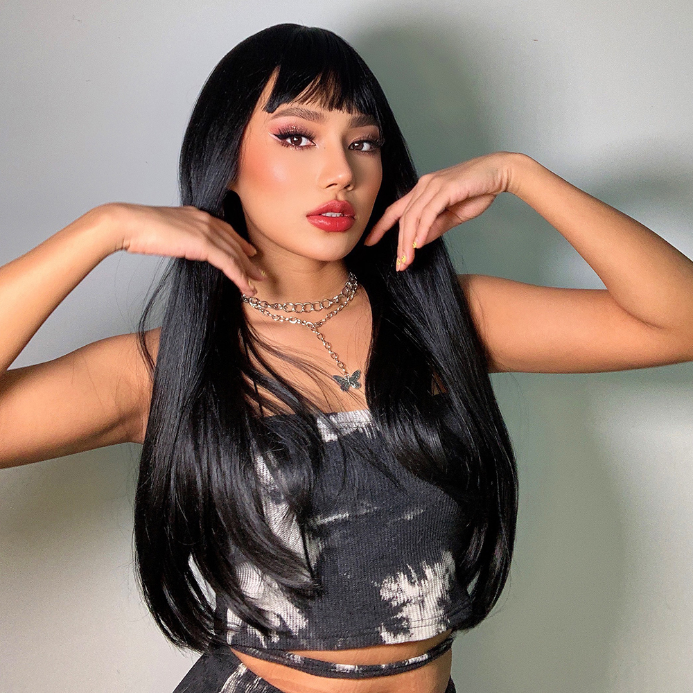 inraohair synthetic wig in stylish black color, with long straight hair and bangs, ready to go