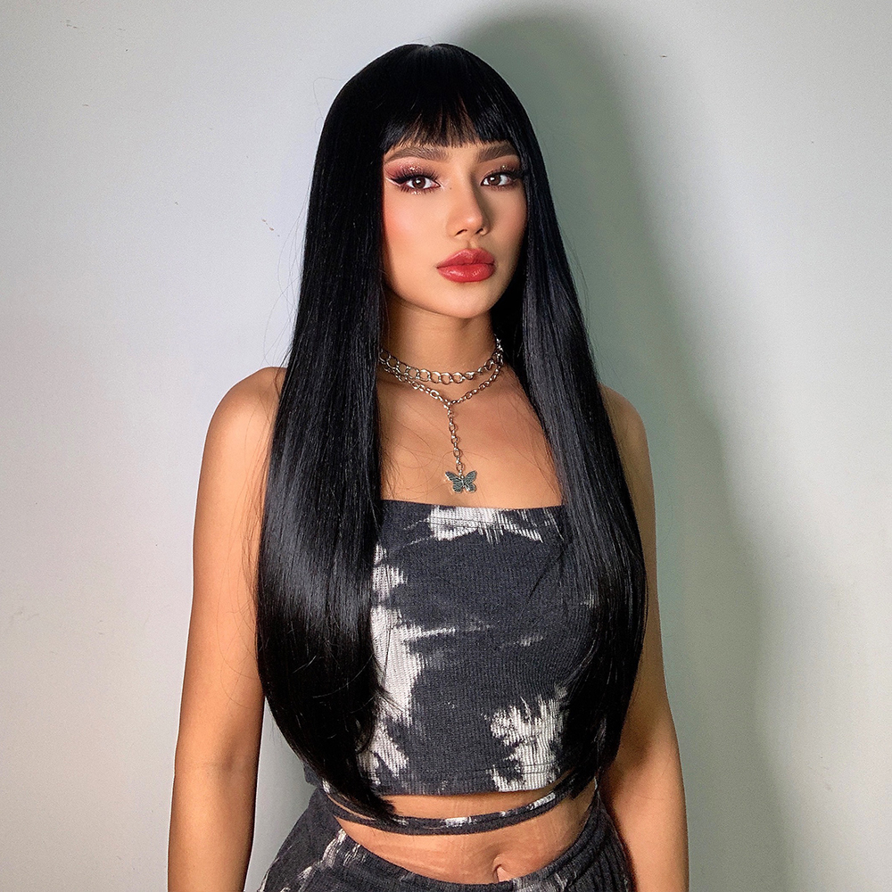 Trendy synthetic wig by Yinraohair, in black color, featuring long straight hair with bangs, ready to go