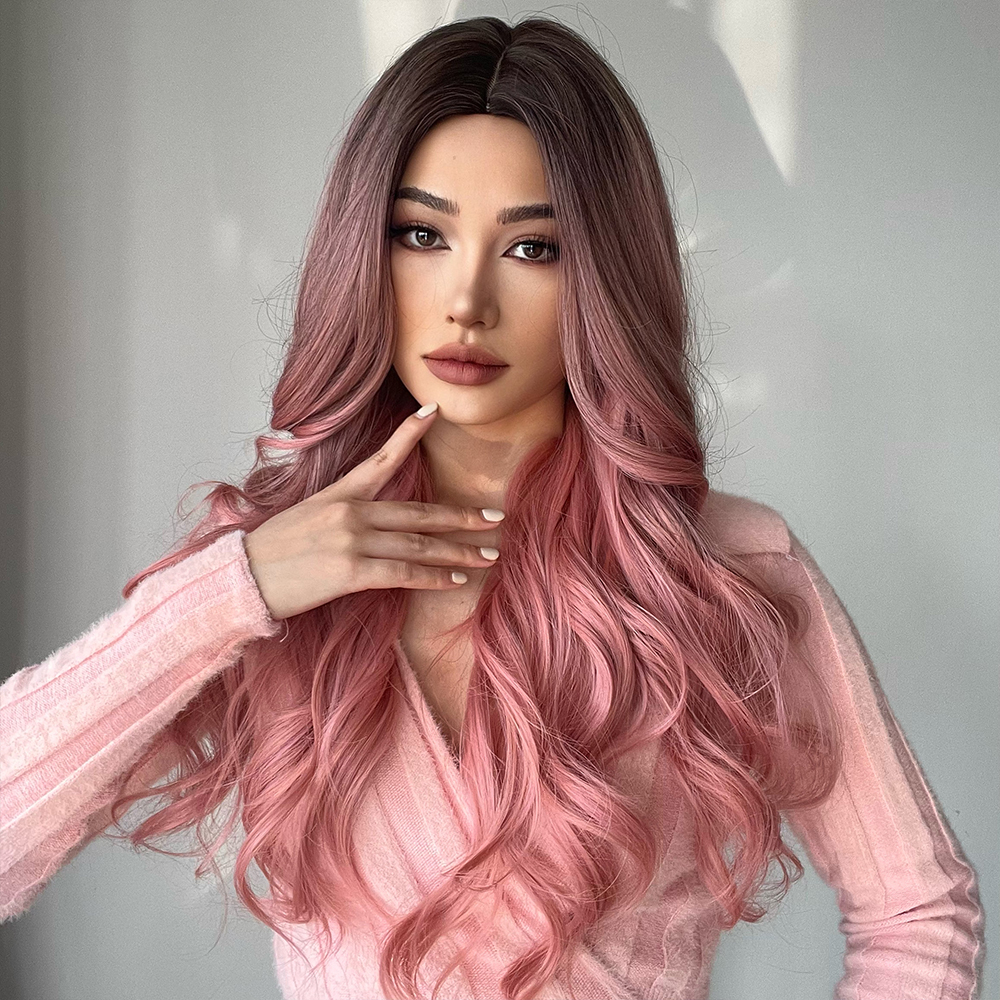A stylish and fashionable synthetic wig in pink with long curly hair, ready to go