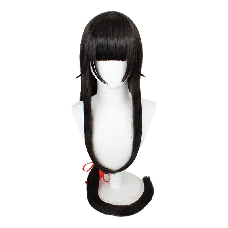 120 cm black cosplay wig, long straight hair with bangs, includes cap