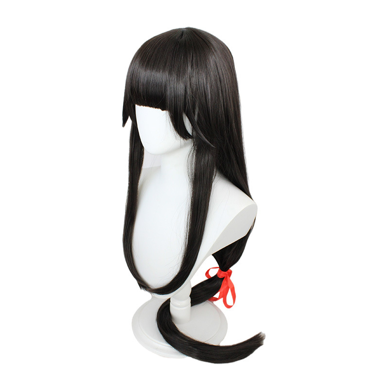 120 cm long black straight hair wig with bangs, ideal for cosplay, includes cap