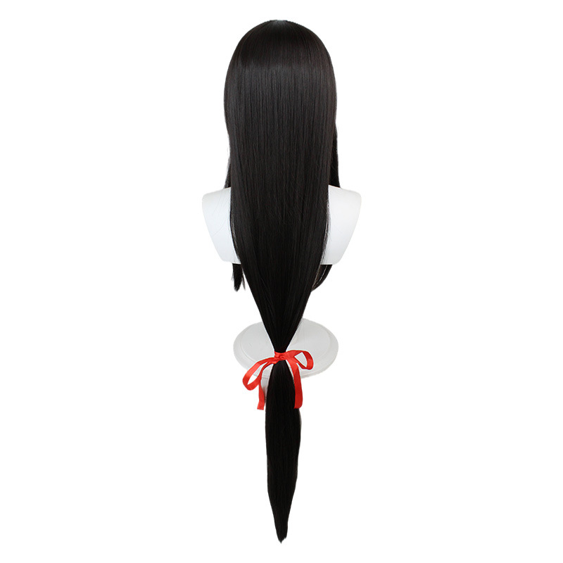 Long black straight hair wig with bangs, 120 cm length, includes cap, essential for cosplay